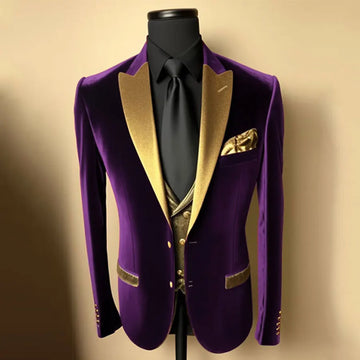 Wiaofellas  -  Men's Business Velvet Gold Satin Pockest Turndown Collar Blazer